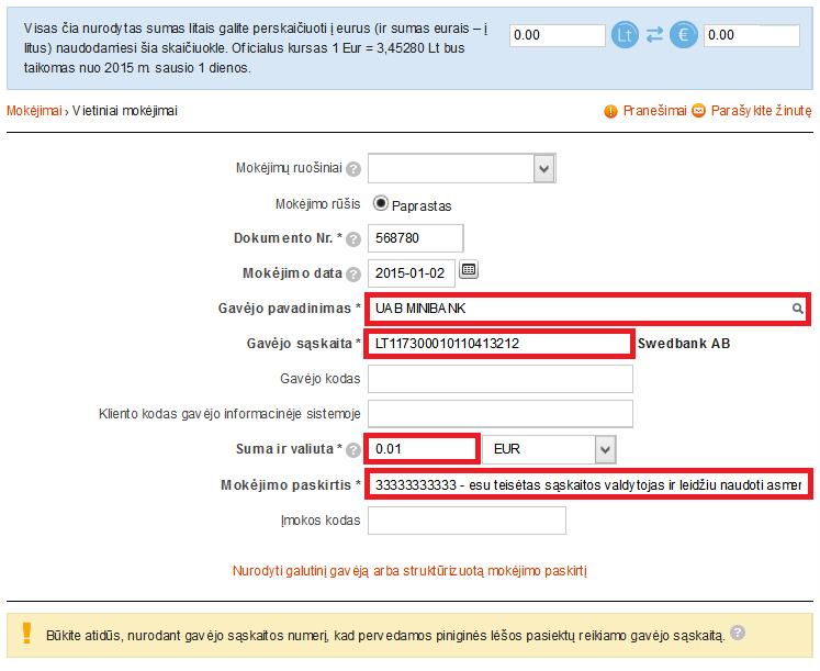 Swedbank registracijos mokėjimo pavyzdys